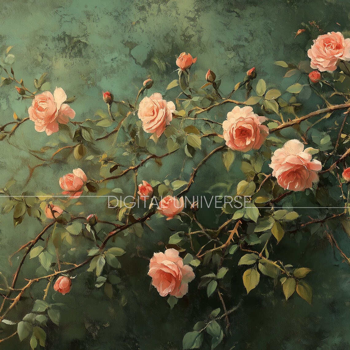 Pink Climbing Roses on Dark Green Moody Botanical Art Wall Art - Image 3