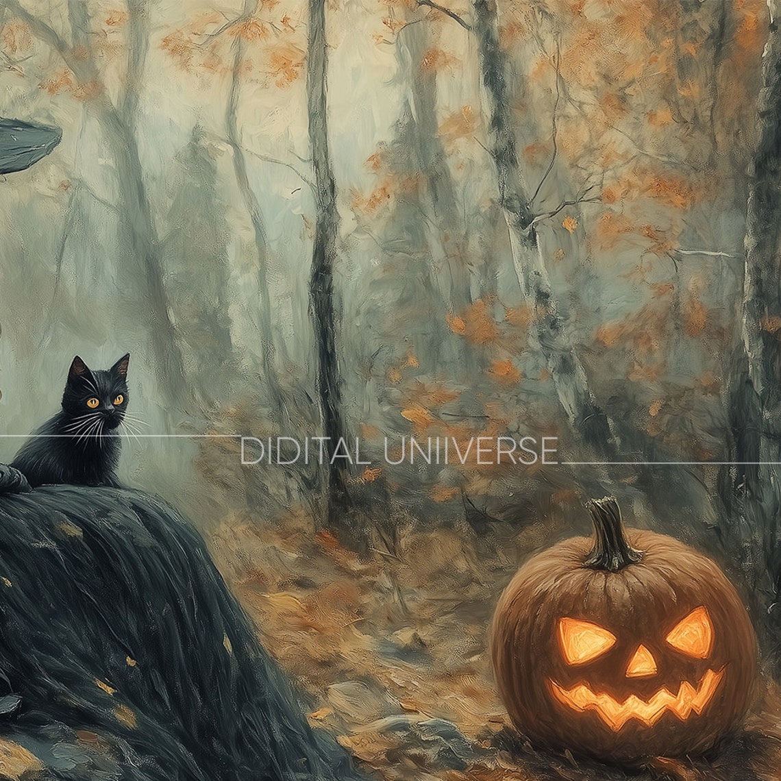 Witch with Black Cat and Jack O Lantern Forest Halloween Poster - Image 3