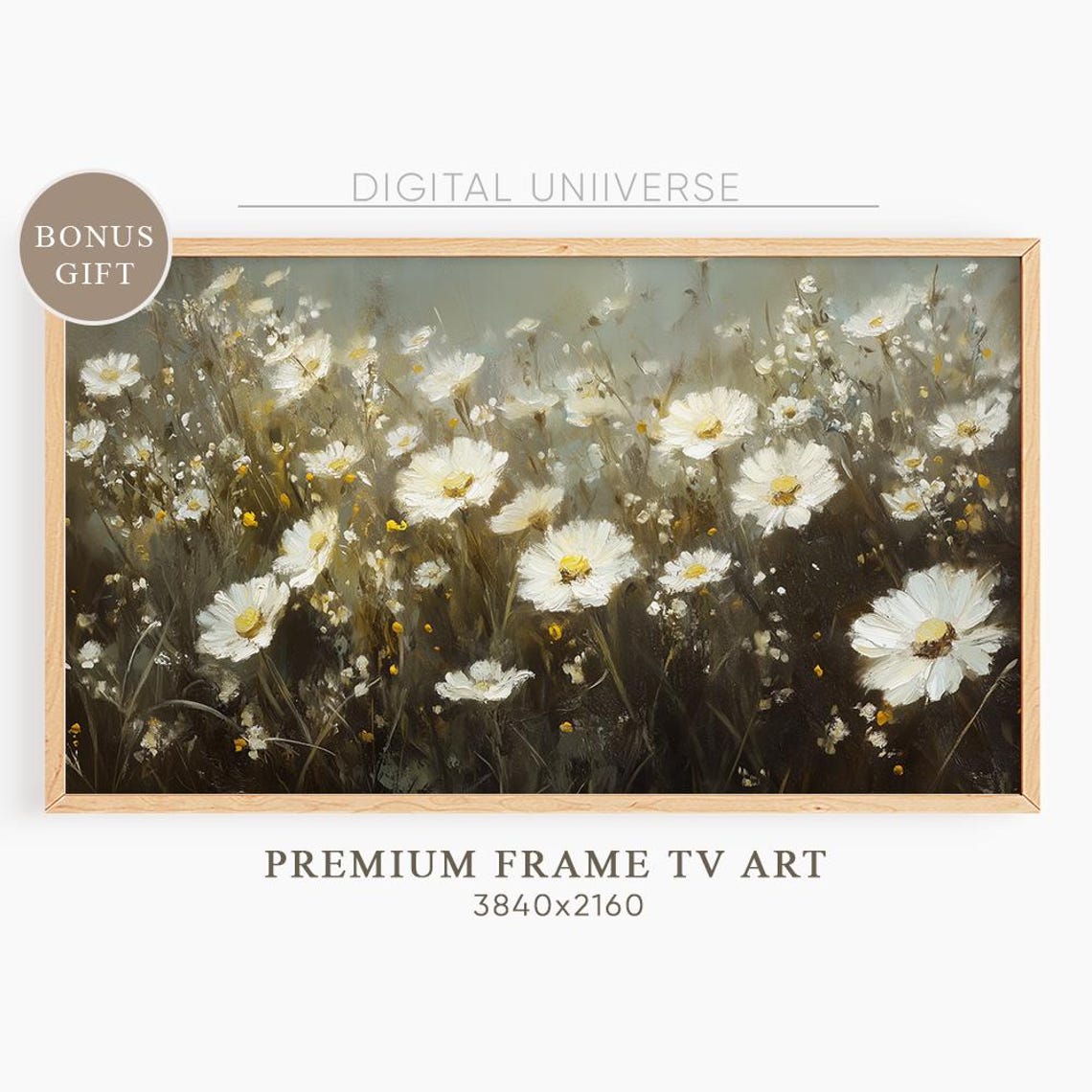 White Daisies in Moody Dark Wildflower Meadow Impressionist Wall Art