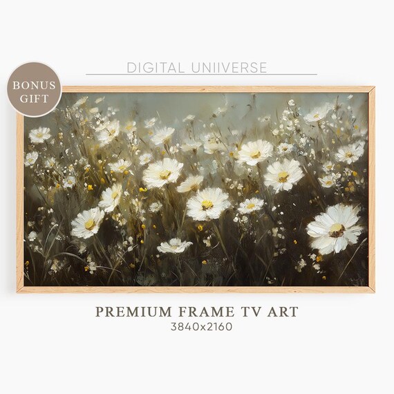 White Daisies in Moody Dark Wildflower Meadow Impressionist Wall Art