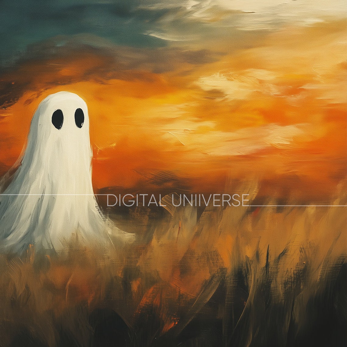 Cute Ghost in Golden Field at Fiery Sunset Halloween Art Poster - Image 3