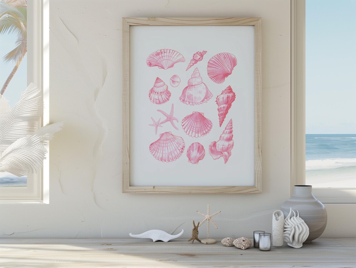 Pink Seashell Collage Coastal Poster Watercolor Conch Scallop Beach Decor - Image 3