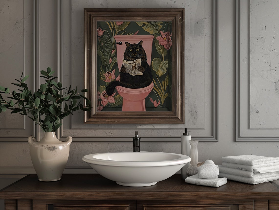 Bathroom Black Cat Toilet Print Washroom Wall Decor Funny Pooping Poster Restroom Art Boho Maximalist - Image 4
