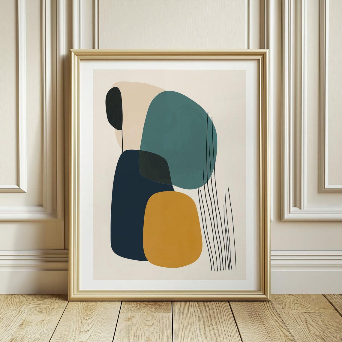 Dark Teal Navy and Mustard Abstract Art with Fine Line Details Poster - Image 3