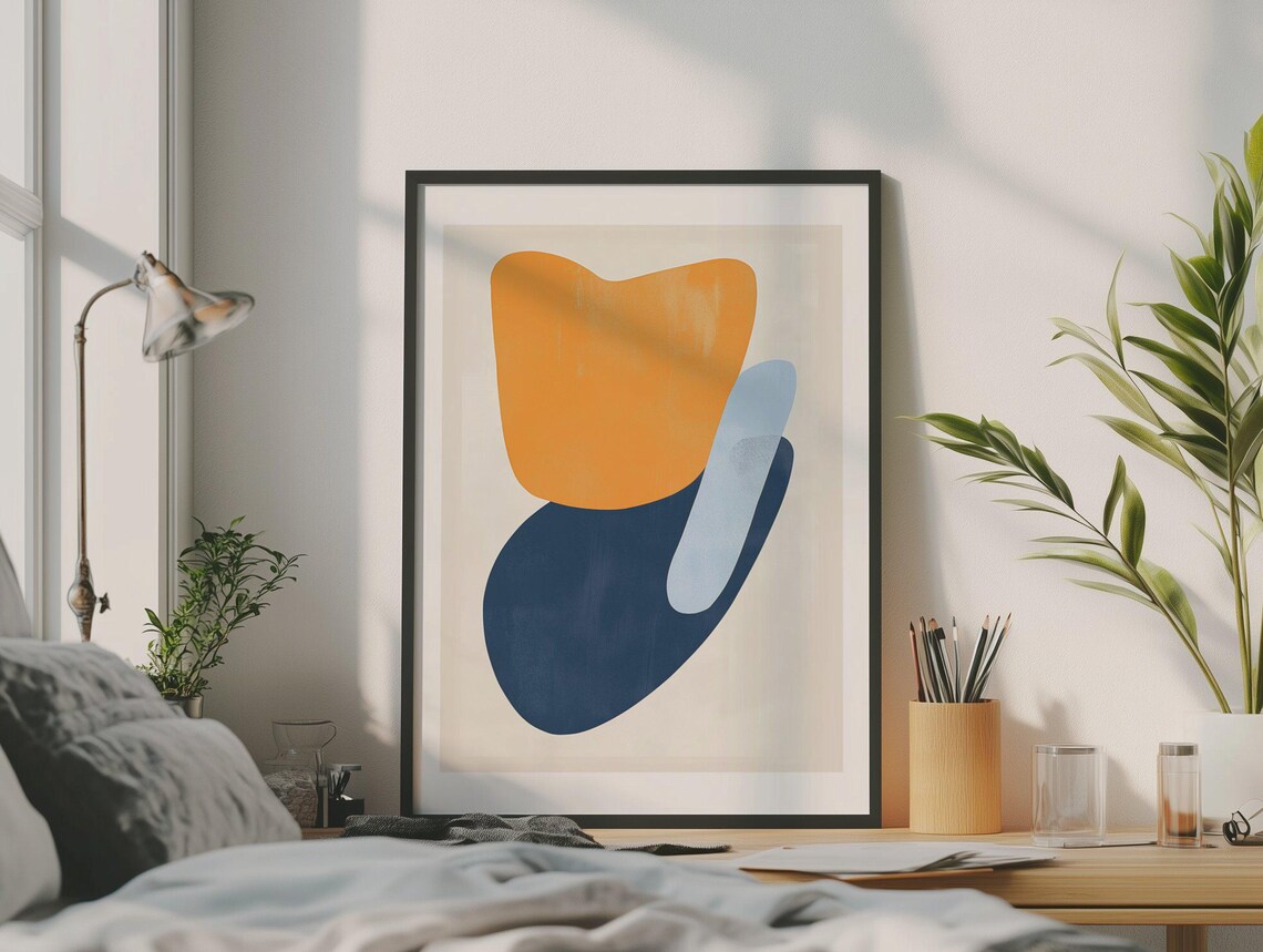 Bold Orange and Navy Organic Shapes Mid Century Abstract Poster - Image 2