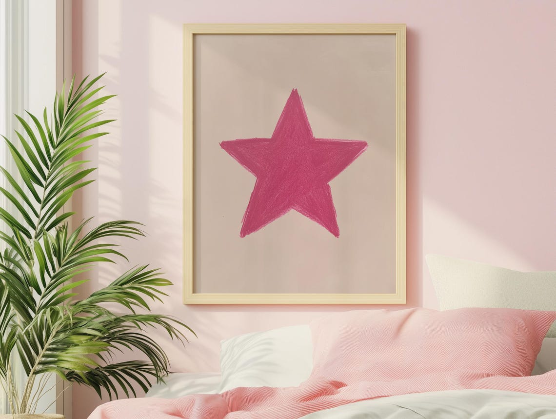 Pink Crayon Star Hand Drawn Retro Preppy Dorm Wall Art Decor Aesthetic - Image 2