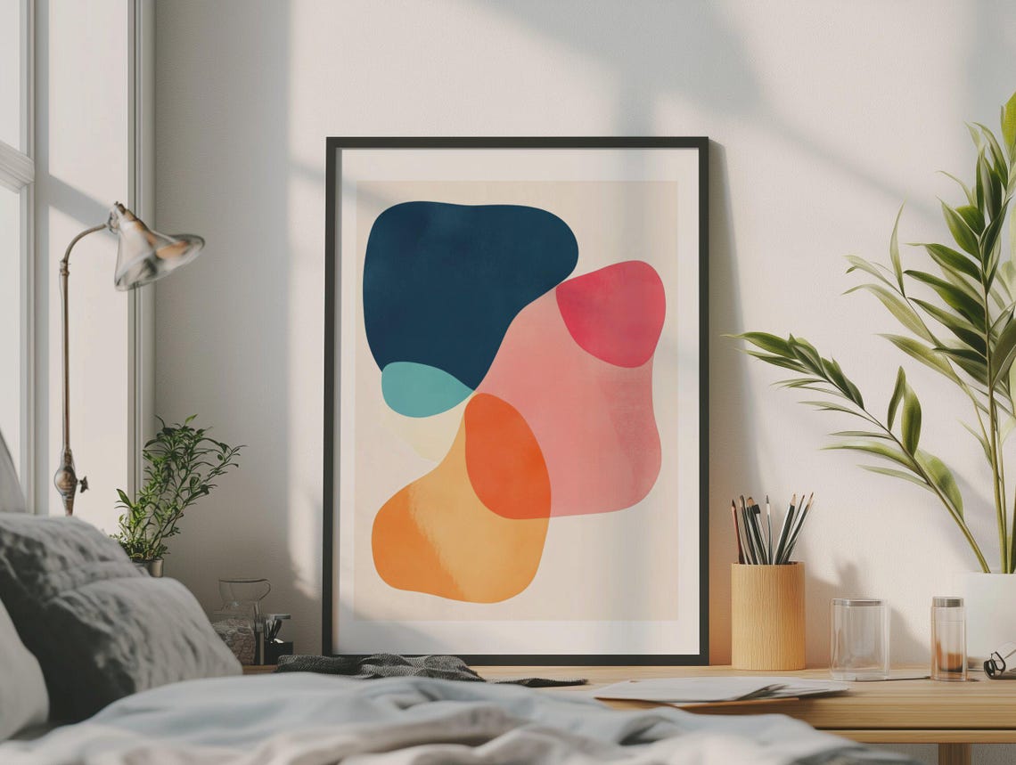 Navy Coral and Teal Organic Blob Abstract Mid Century Poster - Image 2