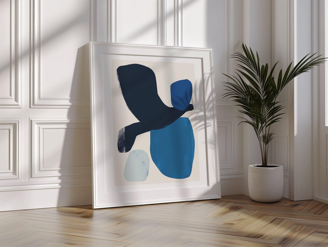 Navy Cobalt and Pale Blue Organic Forms Modern Abstract Poster - Image 2