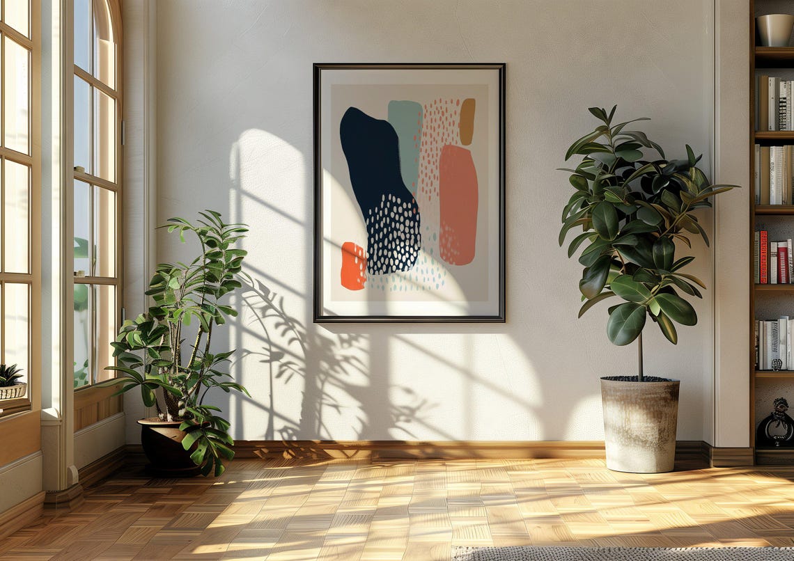 Navy Dotted Organic Abstract With Coral Columns Modern Poster - Image 4