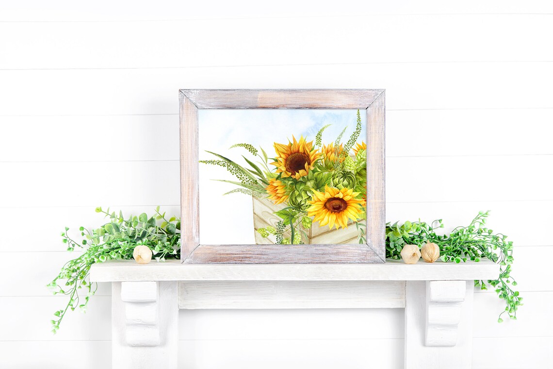 Sunflowers in Wooden Crate Rustic Floral Farmhouse Kitchen Art Print - Image 3