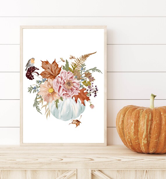 White Pumpkin Bouquet With Fall Flowers And Bird Watercolor Poster