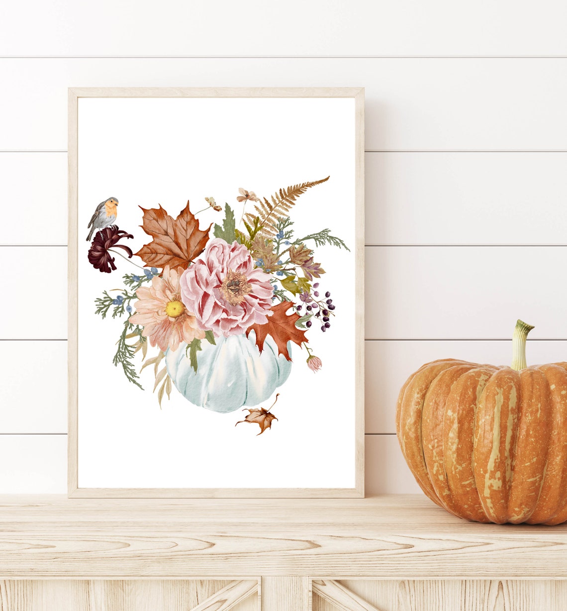 White Pumpkin Bouquet With Fall Flowers And Bird Watercolor Poster