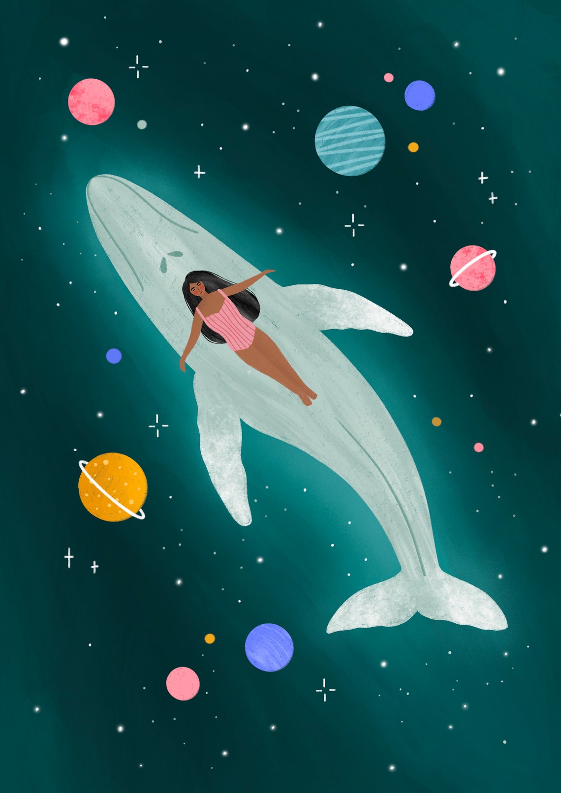 Girl Riding Whale Through Space Celestial Planets Illustration Poster - Image 2