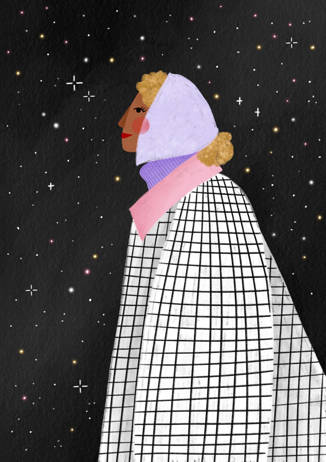 Woman In Checkered Coat Under Starry Night Sky Portrait Poster - Image 2