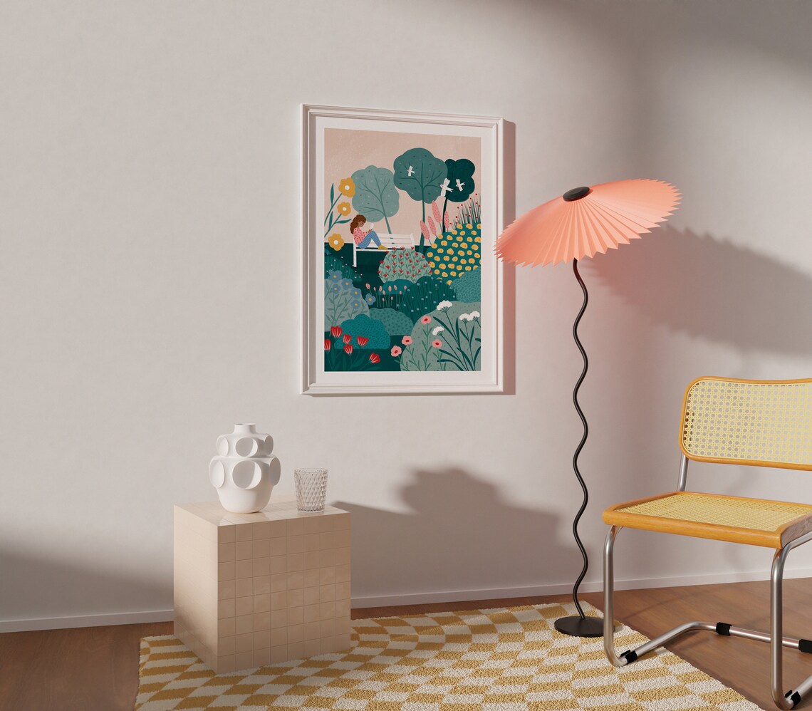 Garden Bench Illustrated Landscape Art Print - Image 2