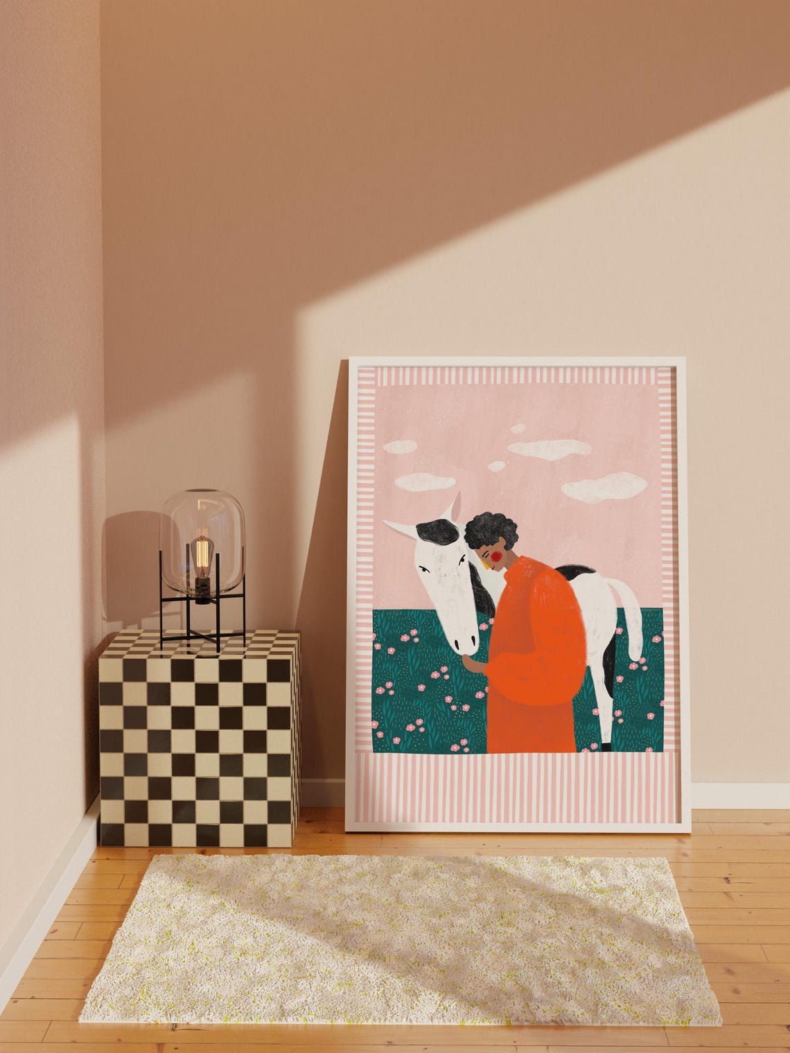 Girl With White Horse In Flower Meadow Countryside Illustration Poster - Image 2