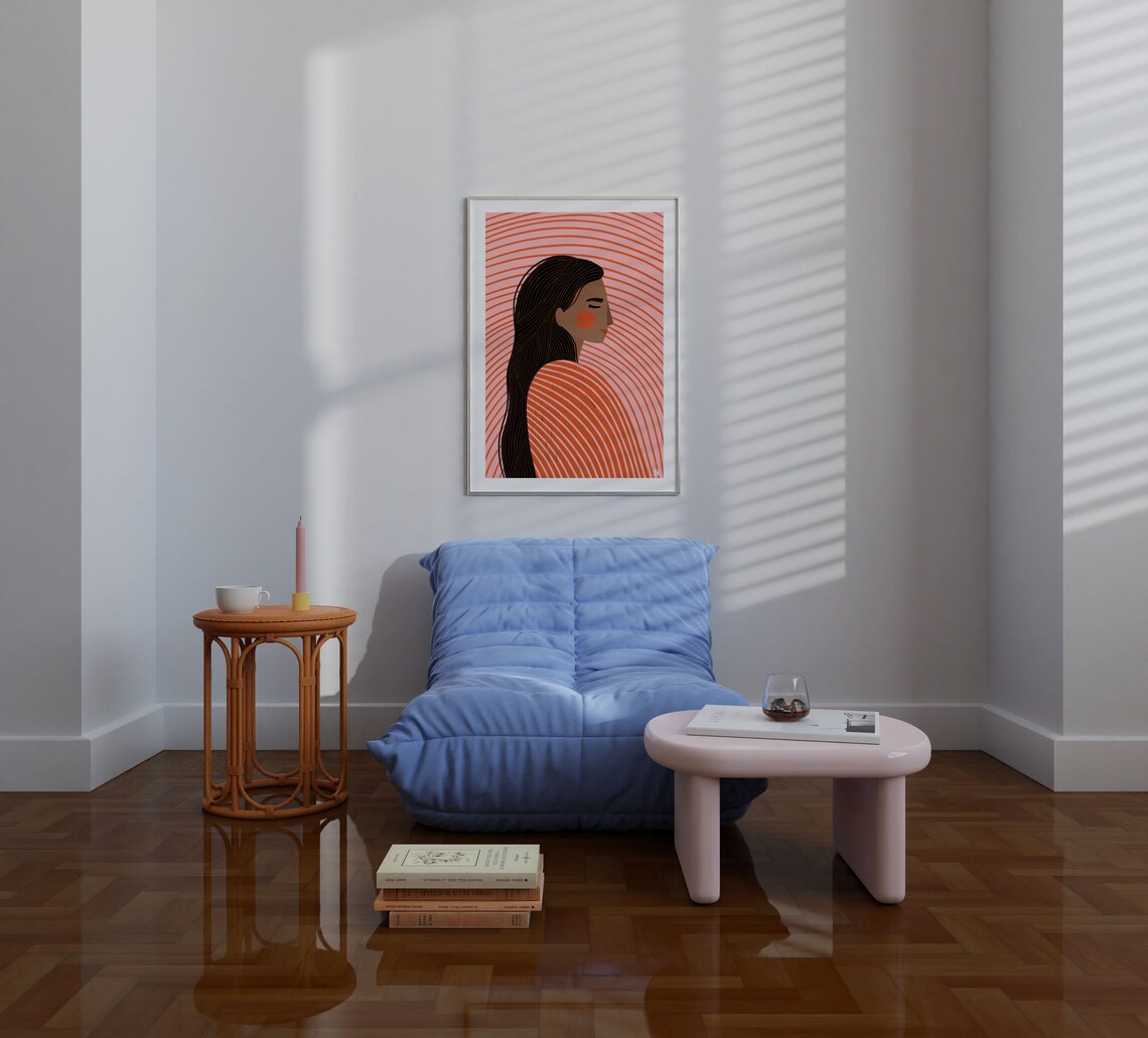 Woman Profile With Flowing Dark Hair Orange Stripes Portrait Poster - Image 3