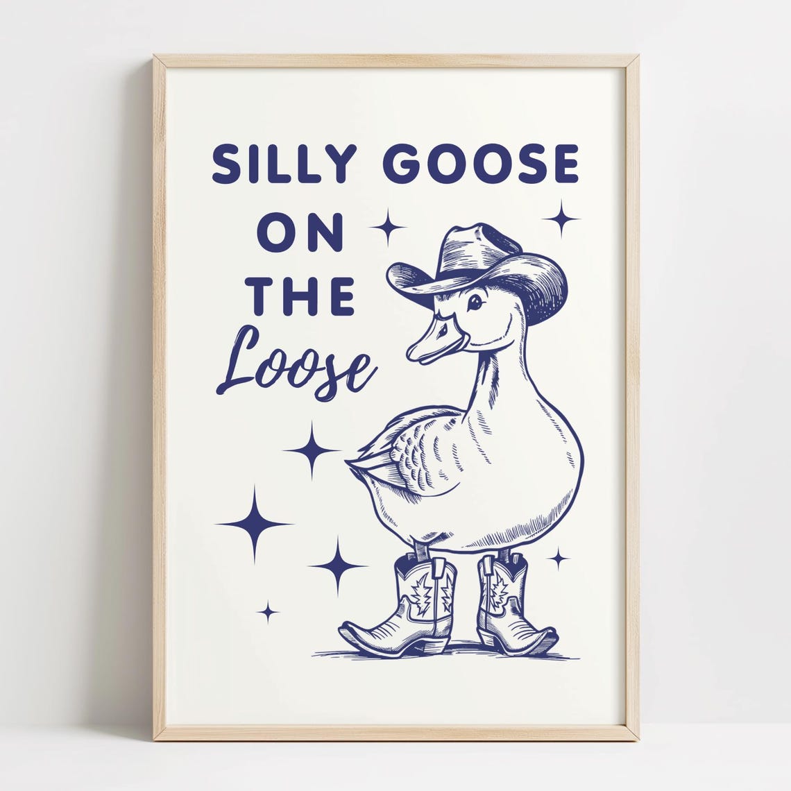 Silly Goose On The Loose Cowboy Hat Boots Navy Engraving Poster
