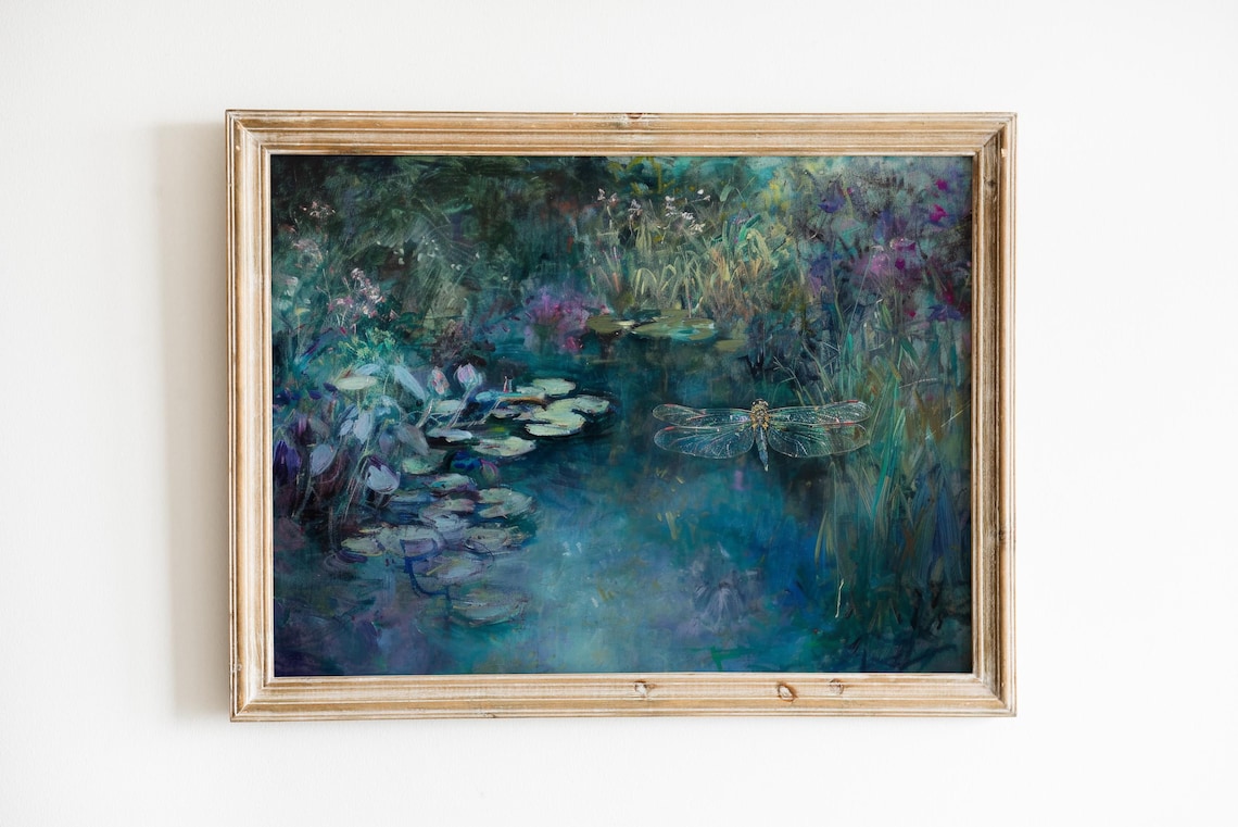 Dragonfly Painting Boho Art Print, Moody Landscape