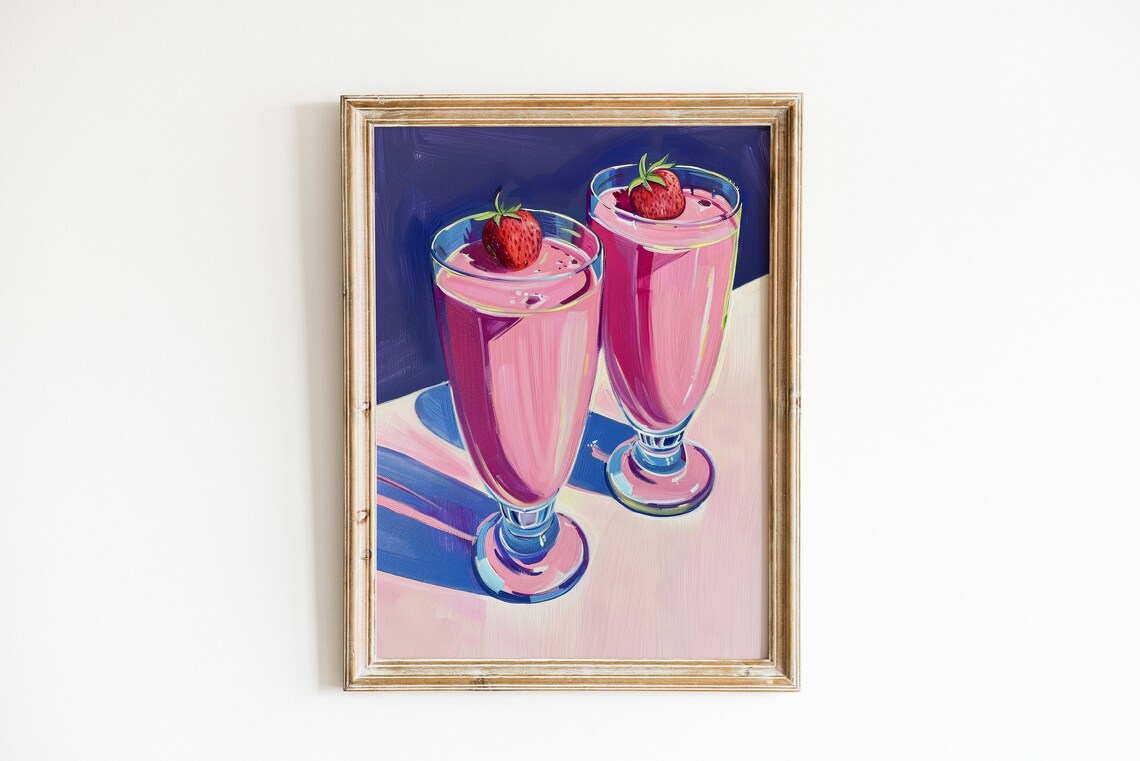 Strawberry Smoothie Painting, Preppy Kitchen Art Print