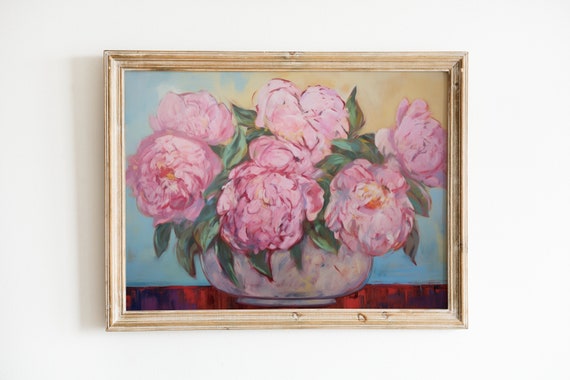 Pink Peony Painting, Vintage Apartment Decor Print