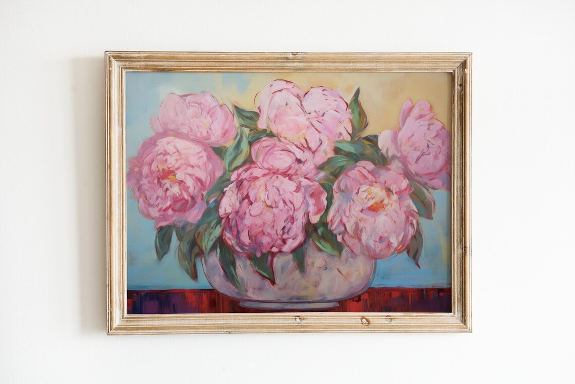 Pink Peony Painting, Vintage Apartment Decor Print