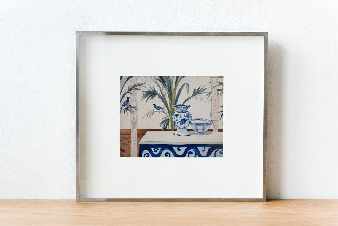 Botanical Chinoiserie Art Print, Blue And White Foyer - Image 3