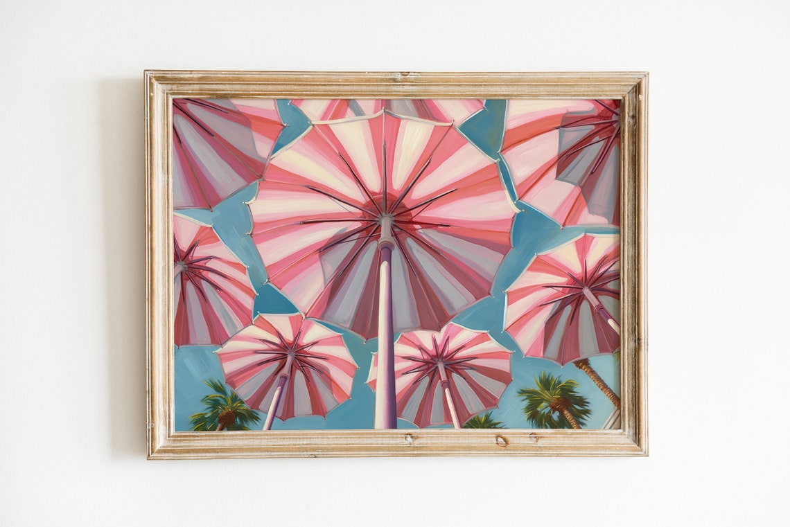 Retro Pink Beach Umbrellas From Below Maximalist Coastal Decor Poster