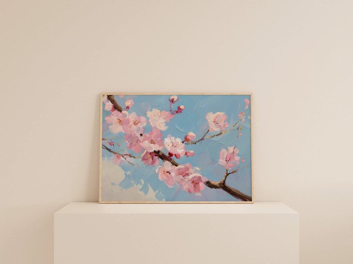 Cherry Blossom Print, Girly Pink and Blue Decor - Image 2