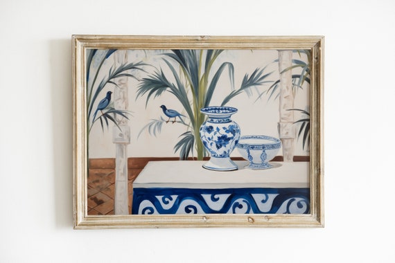 Botanical Chinoiserie Art Print, Blue And White Foyer
