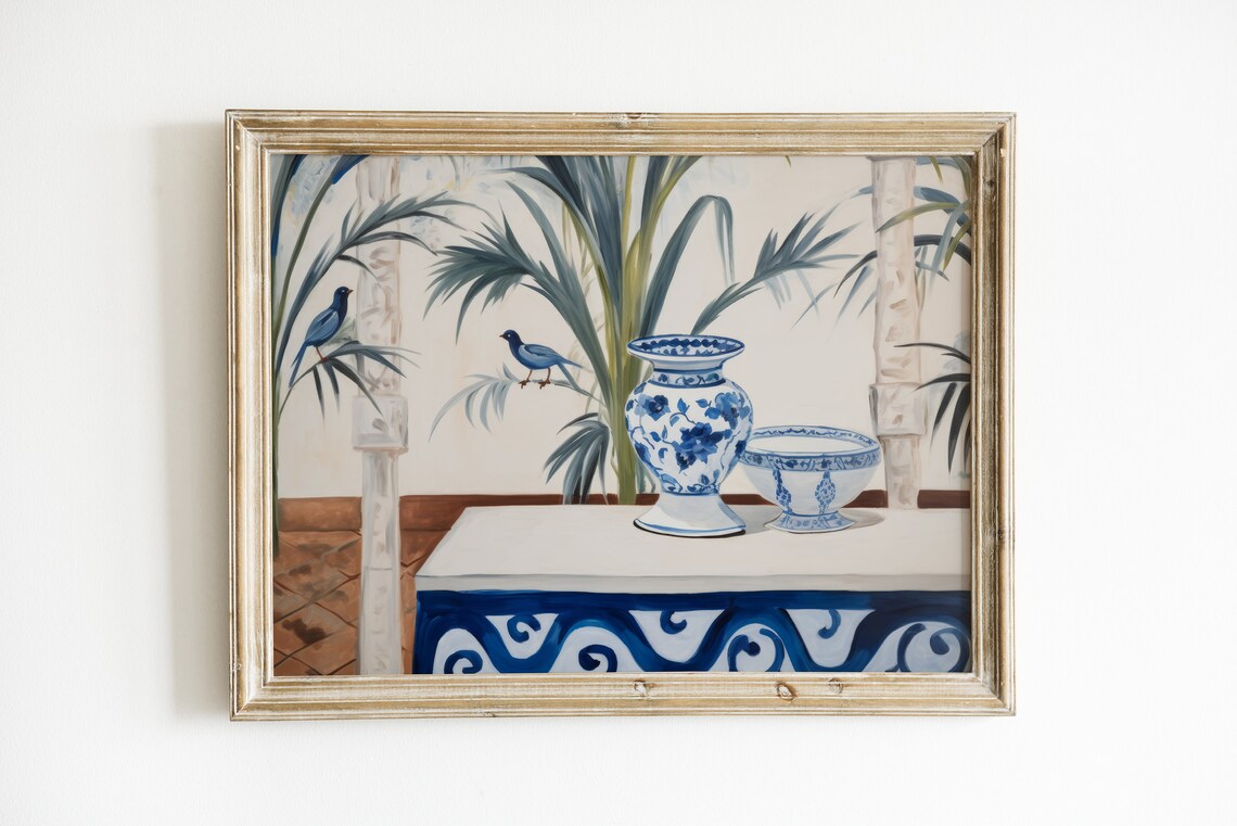 Botanical Chinoiserie Art Print, Blue And White Foyer