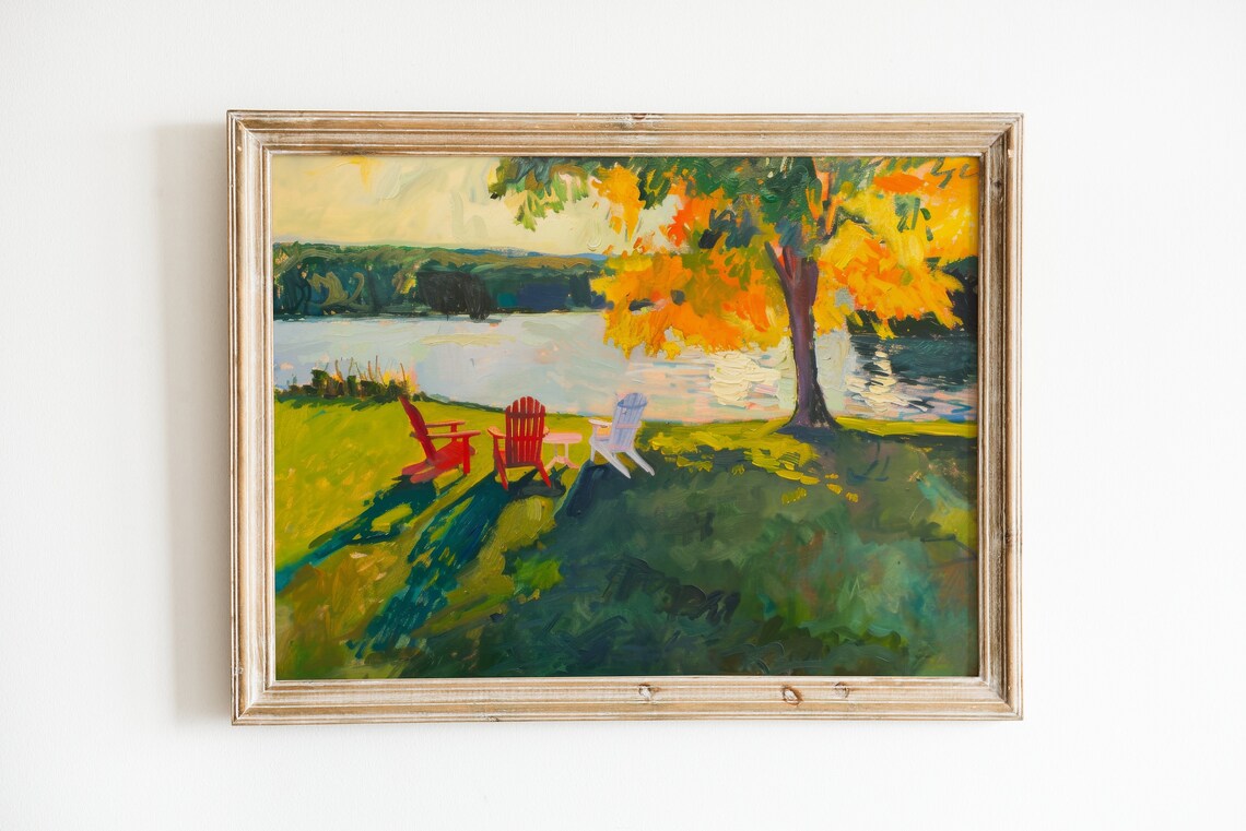 Autumn Lake House Art Print, Rustic Landscape
