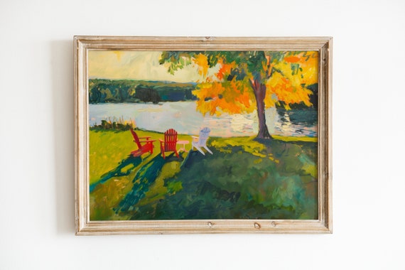 Autumn Lake House Art Print, Rustic Landscape