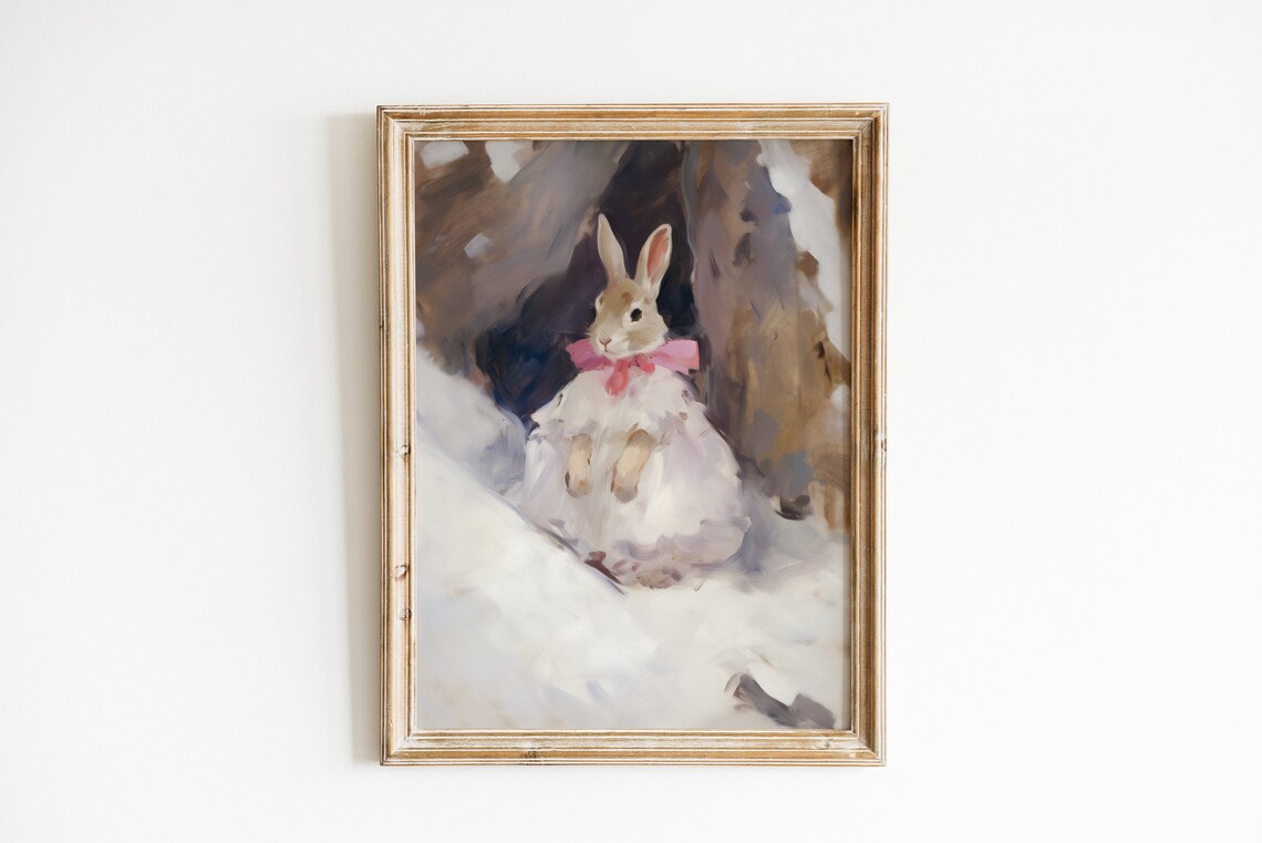 Vintage Bunny Painting Nursery Wall Art, Cottagecore