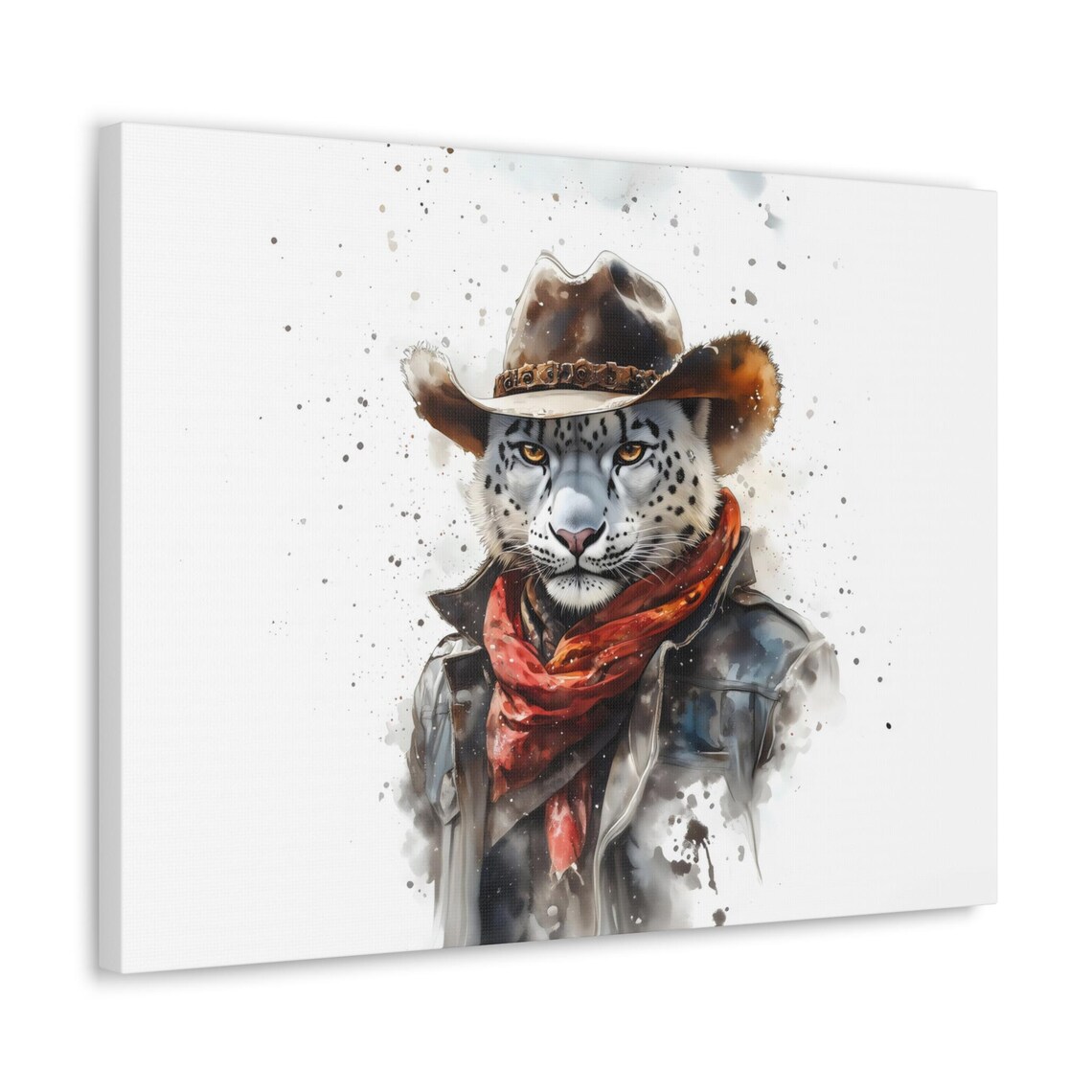 Wild Snow Leopard Cowboy Watercolor Close Up Portrait Western Cat Poster