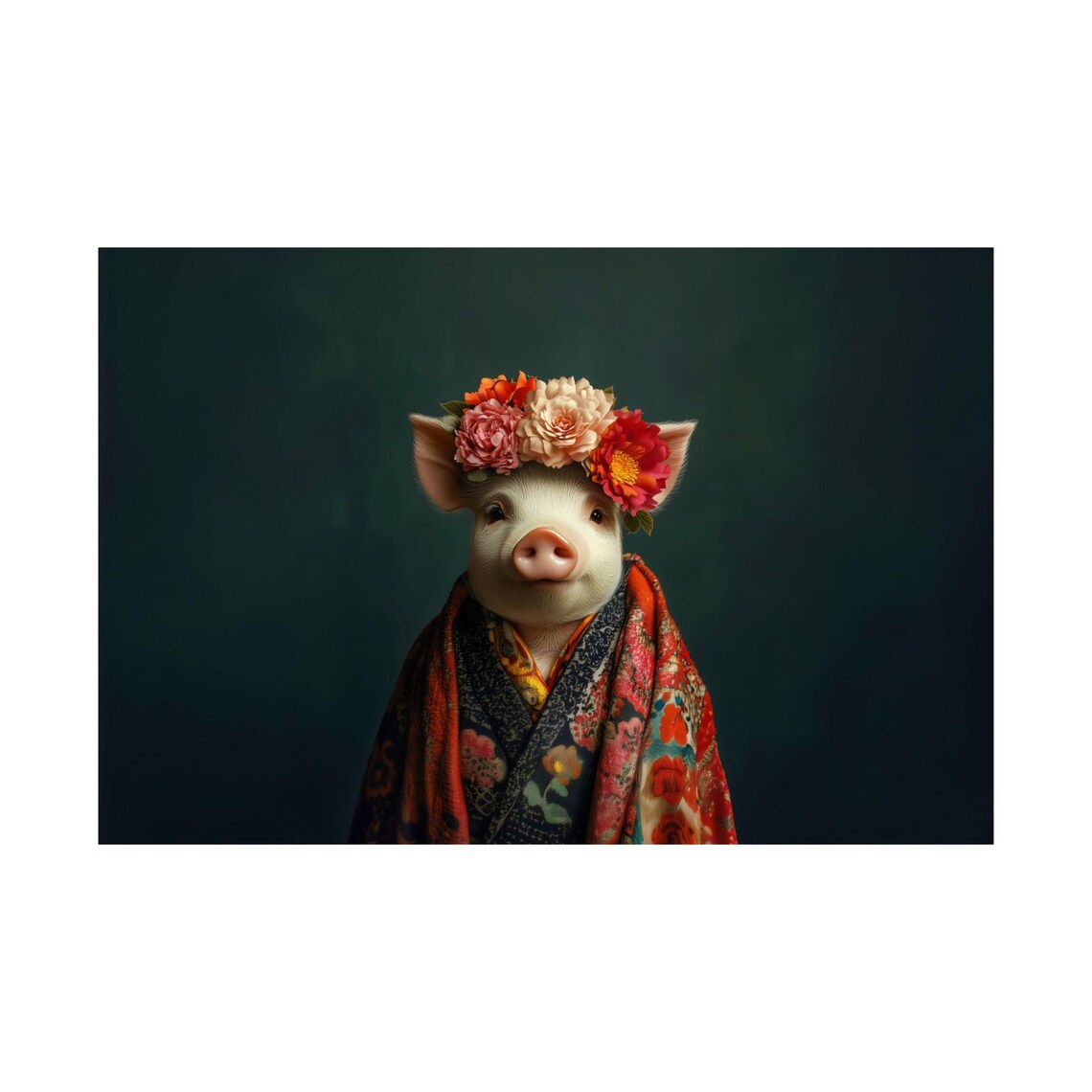 Pig Fashionista Portrait With Floral Crown And Kimono Robe Poster - Image 2