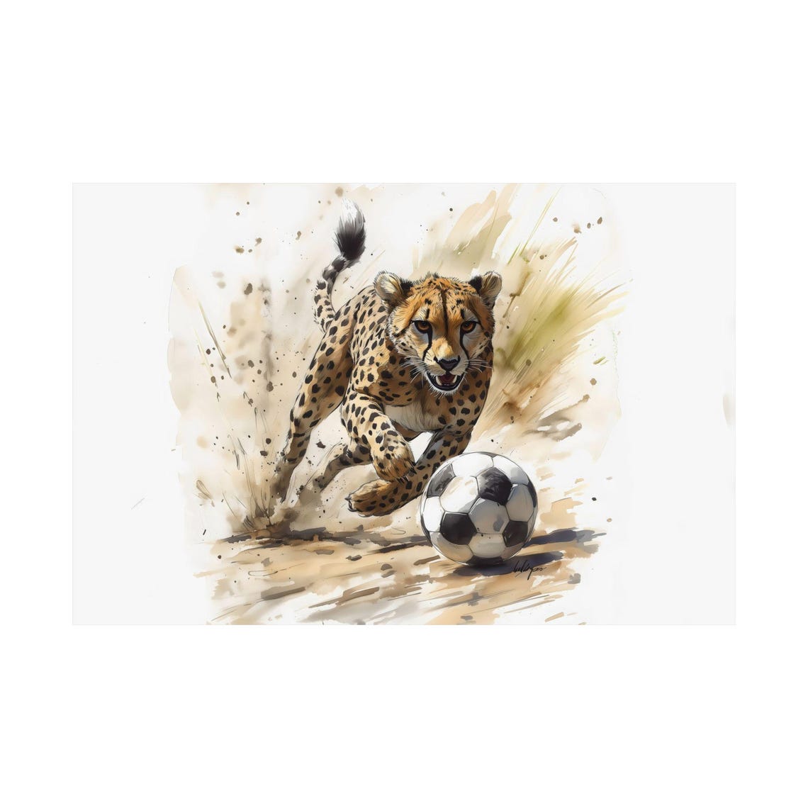 Fast Cheetah Soccer Sprint Golden Watercolor Wildlife Poster - Image 2
