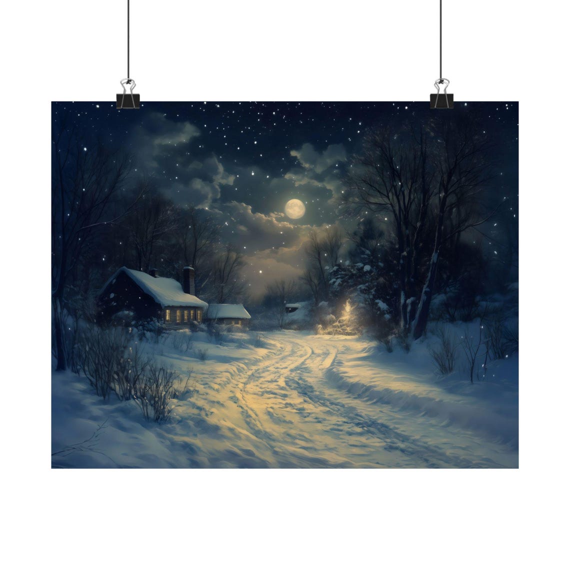 Moonlit Snowy Path Leading To Warm Cabin Under Starry Night Sky Poster