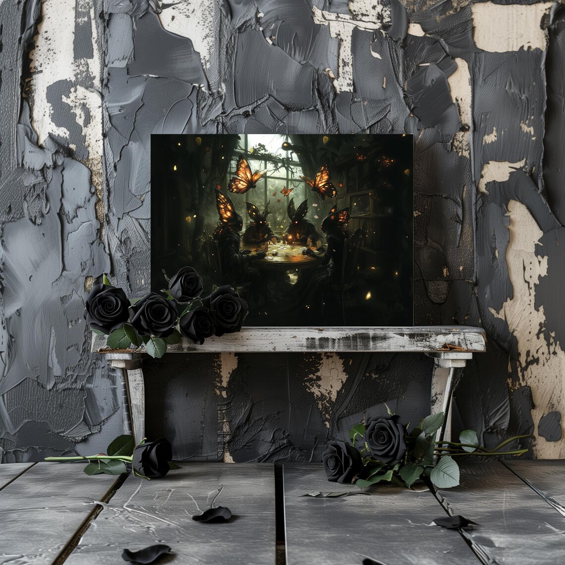 Winged Mothman Creatures Playing Poker in a Candlelit Room Gothic Poster