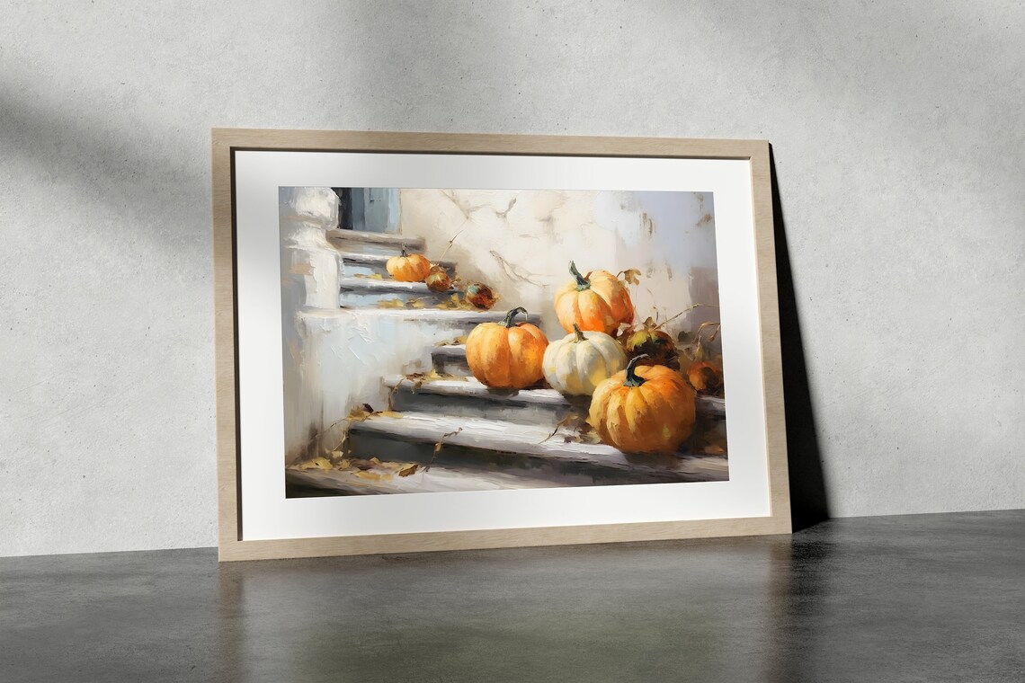 Golden Pumpkins on White Stairs Fall Harvest Painting Poster - Image 5