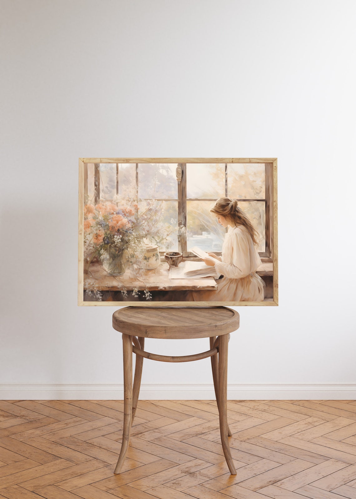 Woman Reading by a Sunlit Window with Flowers in Cozy Style Wall Art - Image 6