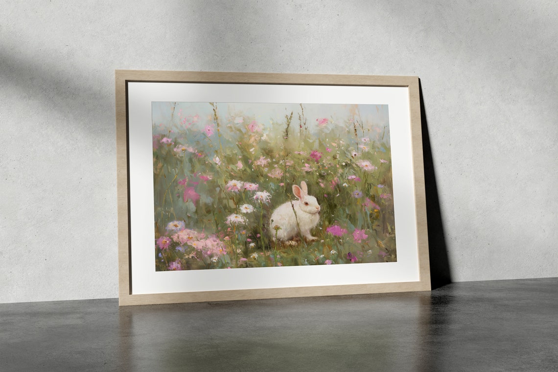 White Bunny in Wildflower Meadow Impressionist Animal Poster - Image 3