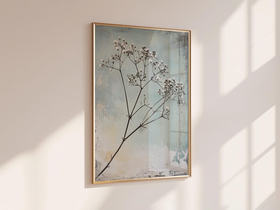 White Babys Breath Sprig Distressed Blue Minimalist Art Poster - Image 5