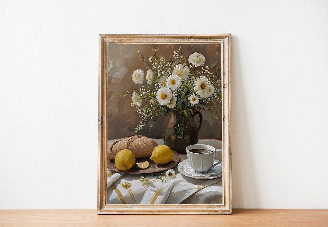 Vintage Neutral Lemons and Daisies Farmhouse Art Print - Image 2