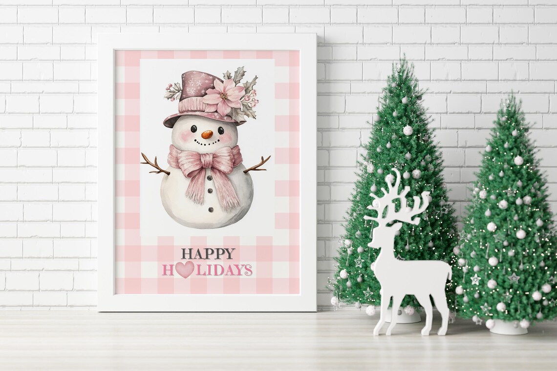 Cute Snowman with Pink Poinsettia Hat and Happy Holidays Text Poster - Image 7