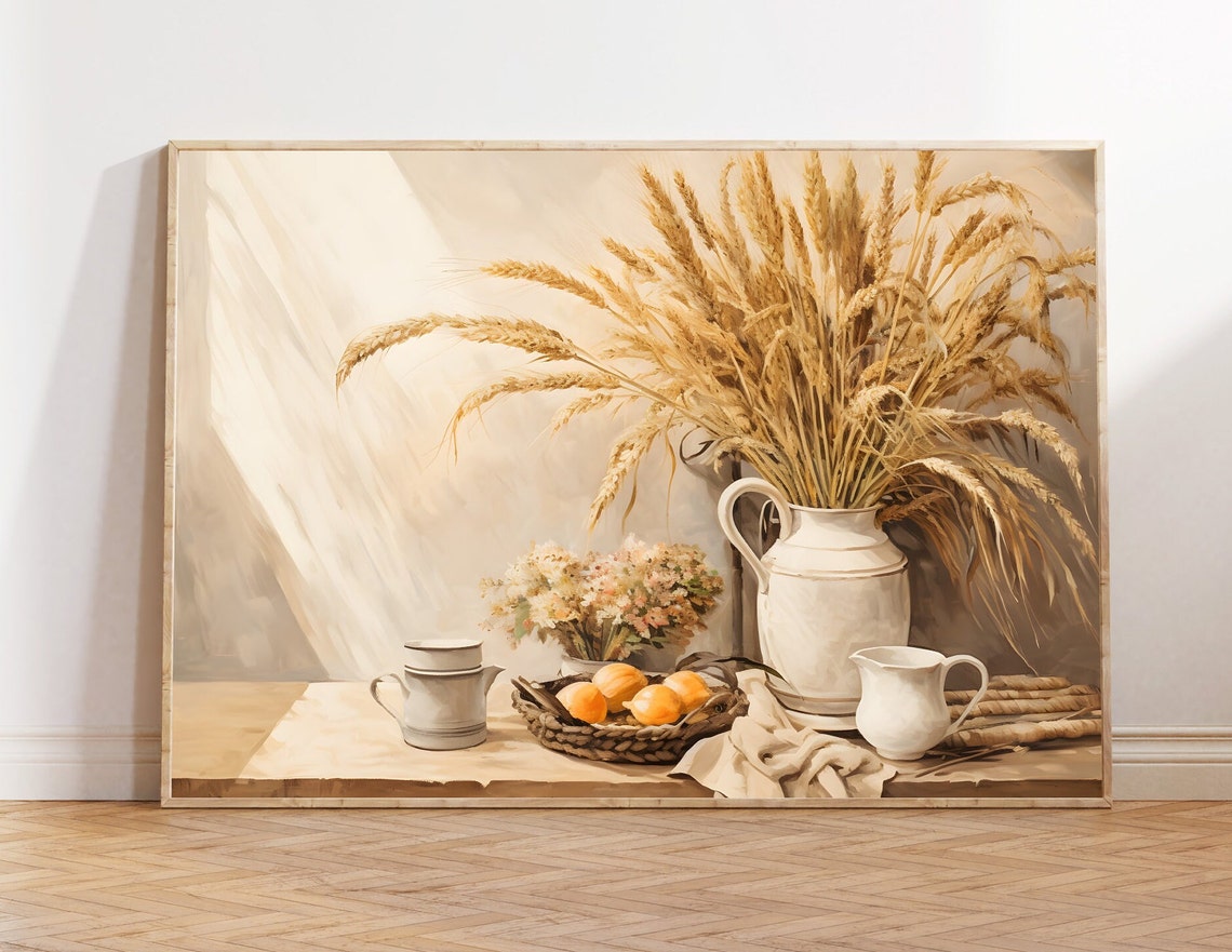 Wheat Sheaf in White Pitcher Rustic Harvest Kitchen Wall Art
