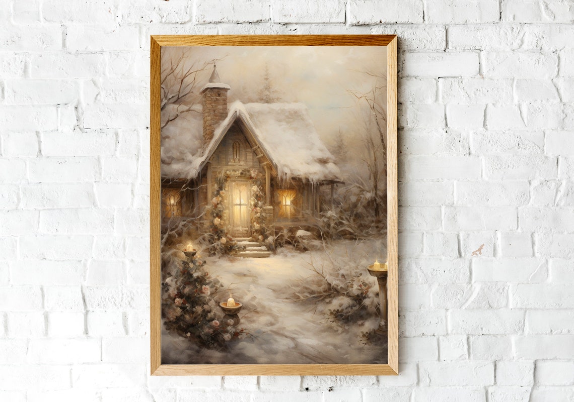Cozy Snow Covered Cottage Glowing Windows Winter Night Scene Poster - Image 2