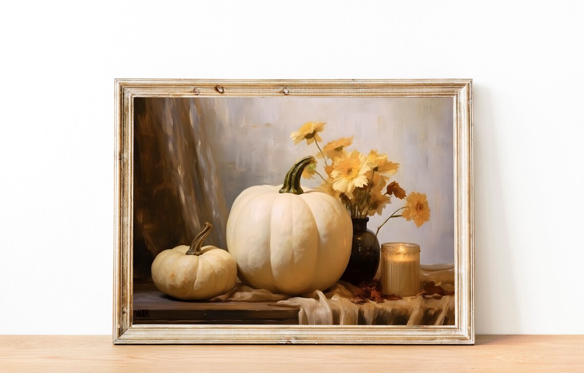 Beige Pumpkins, Farmhouse Autumn Still Life Art Print - Image 4
