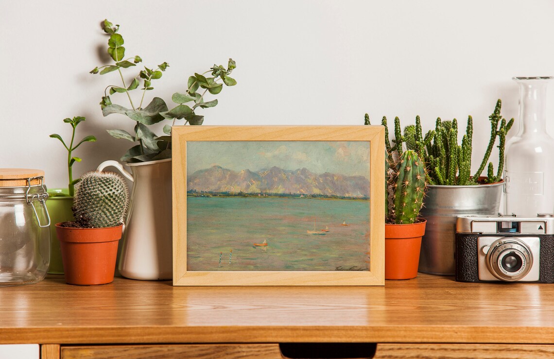 Turquoise Lake Small Boats Mountain Range Vintage Painting Poster - Image 2