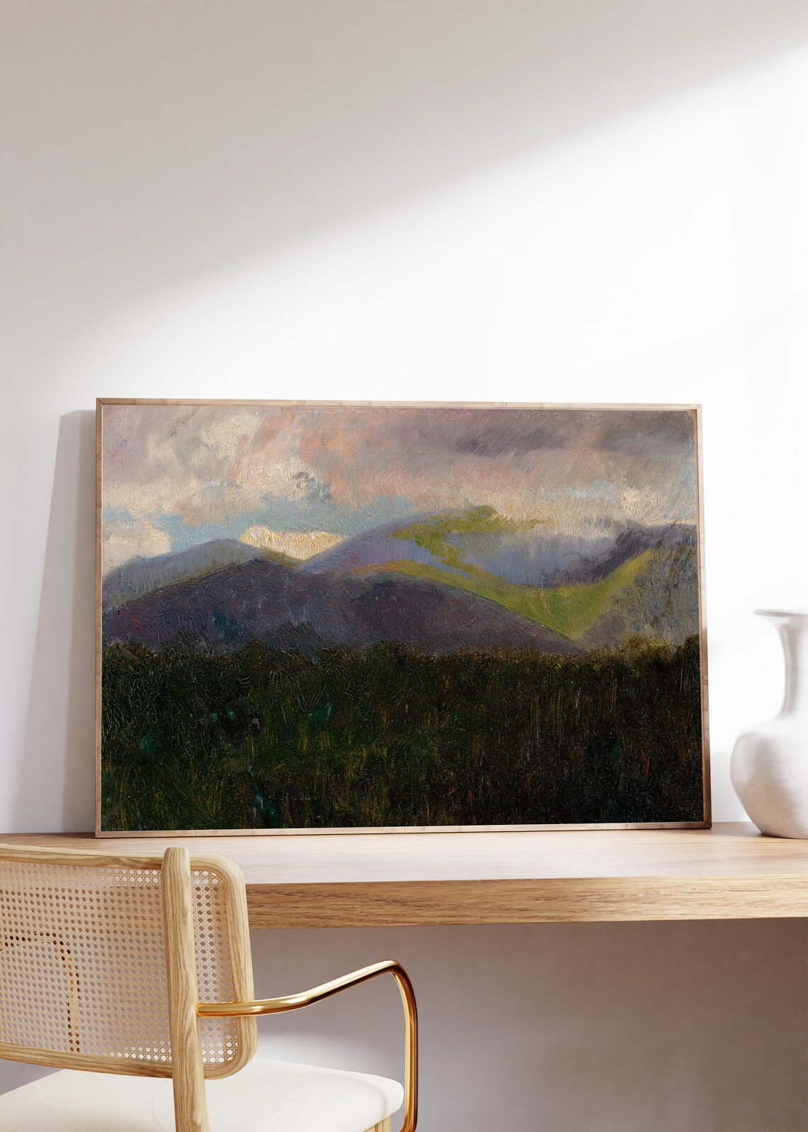 Purple Mountain Peaks At Dusk Pink Clouds Landscape Painting Poster - Image 5